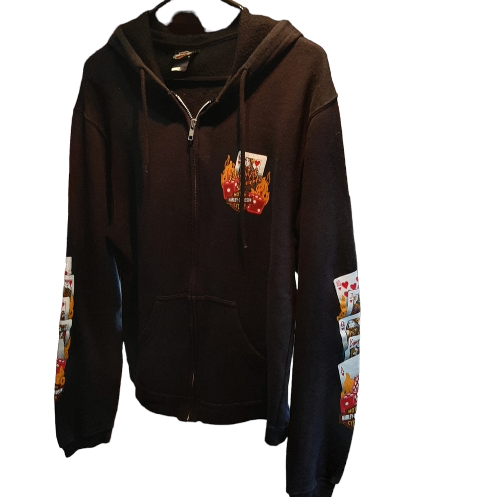 Harley-Davidson Black Hoodie with Playing Cards and Flames